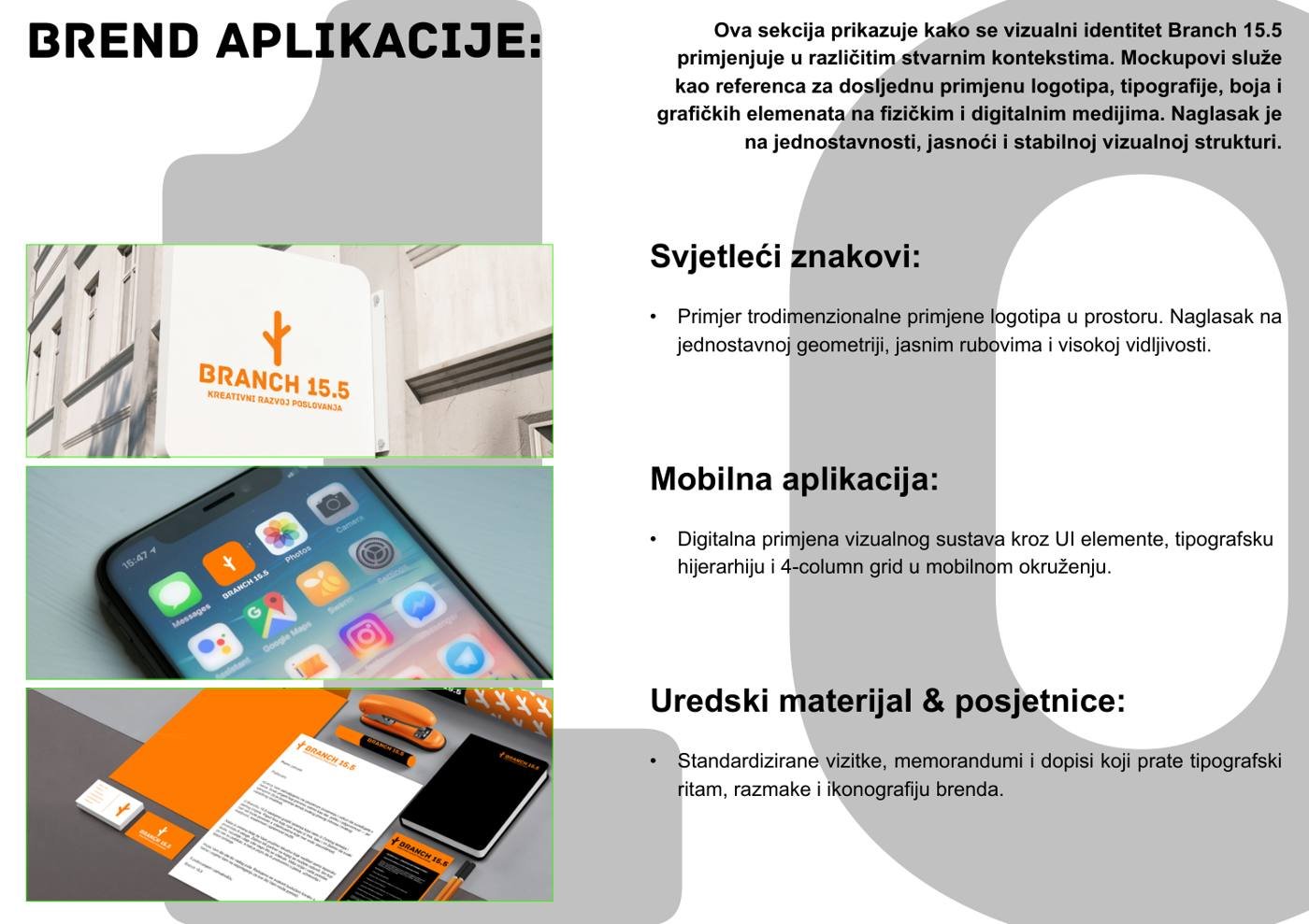 Branch 15.5 brand applications: signage and stationery