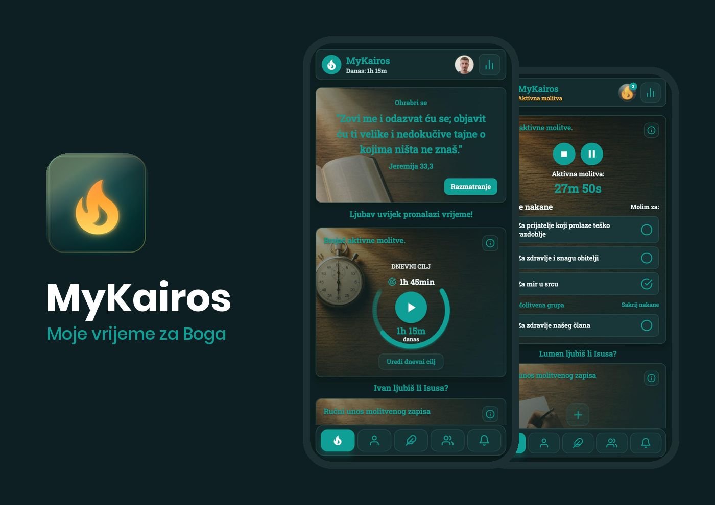 MyKairos prayer app: app icon and two screens, Home and prayer timer