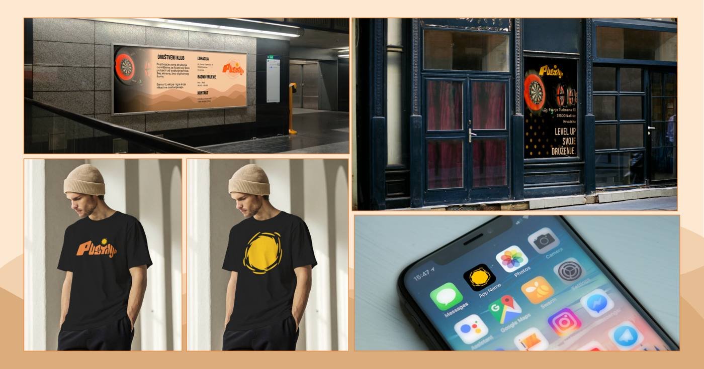 Pustinja merchandise and app screens with the sun mark