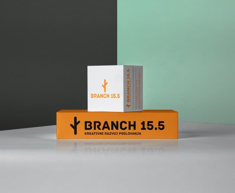 Branch 15.5 packaging: white and orange boxes