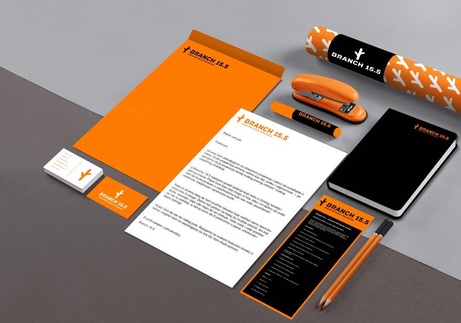 Branch 15.5 stationery: envelope, letter, cards, notebook and flyer
