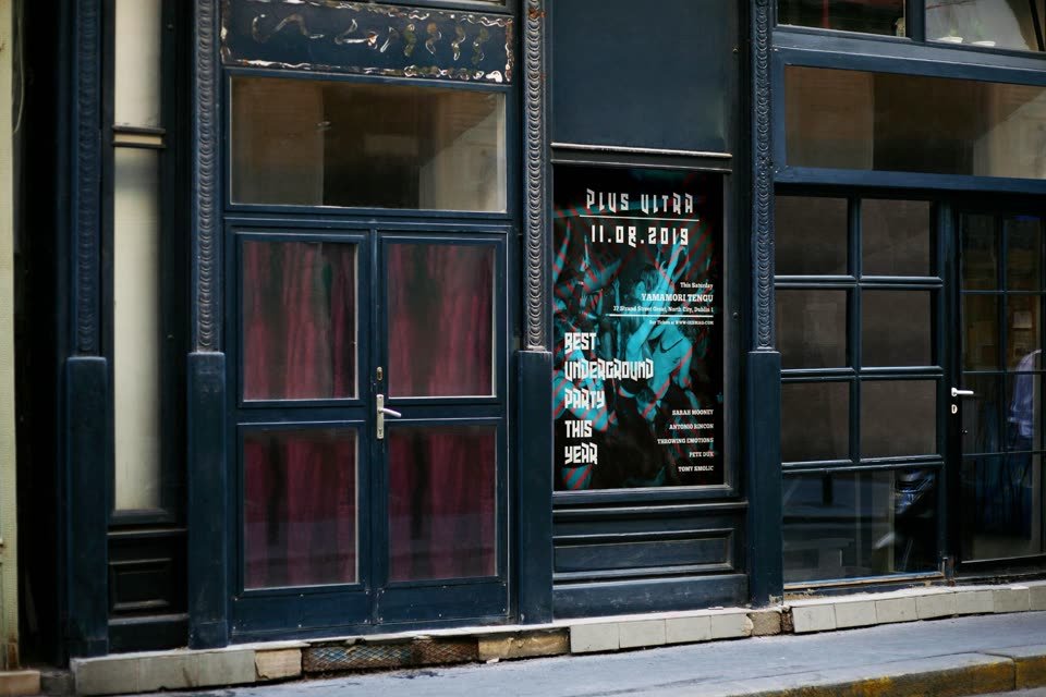 Plus Ultra underground party poster in a shop window